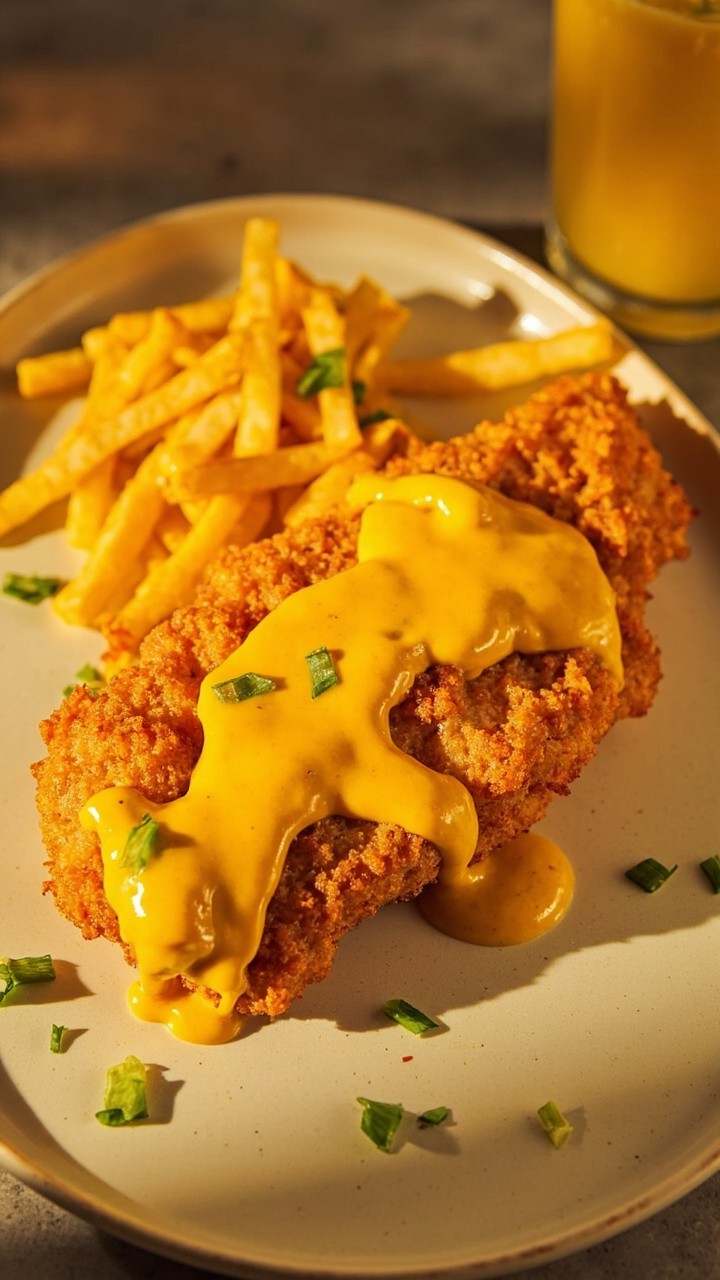 Golden battered cod on an off-white enamelware plate, with a creamy, vibrant yellow curry sauce drizzled across the top. There’s a side of slender fries and a few chopped scallions.