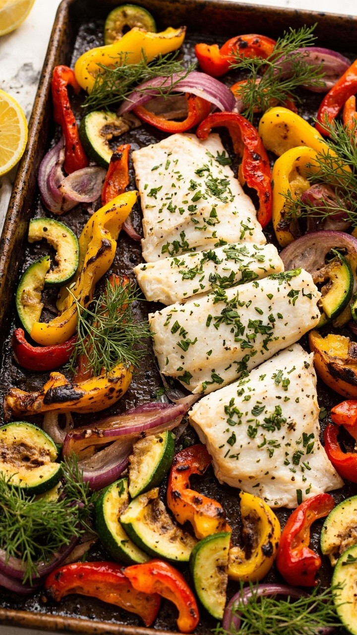 A sheet pan with a white fish fillet surrounded by an array of sliced bell peppers, zucchini rounds, and red onion wedges. Everything is lightly roasted and colorful, flecks of green herbs sprinkled on top. A wedge of lemon rests nearby.