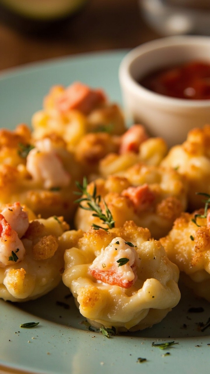 Golden, bite-sized rounds of mac and cheese showing red lobster pieces, arranged on a pale blue plate with a sprinkle of fresh thyme and a bowl of ketchup or aioli for dipping.