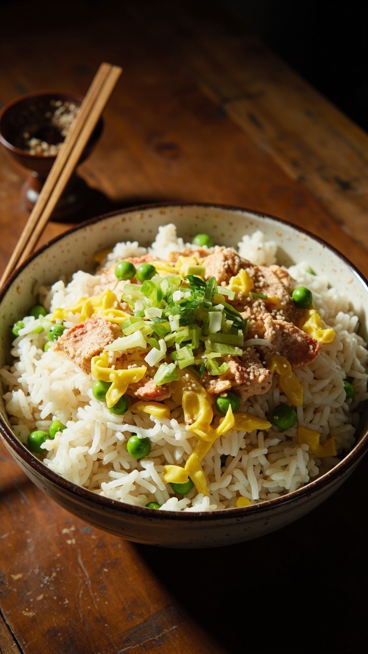 A generous bowl of fluffy rice flecked with crab, scrambled egg, and bright green peas. Sliced scallions and sesame seeds are sprinkled on top. A pair of chopsticks rests on the side. A generous bowl of fluffy rice flecked with crab, scrambled egg, and bright green peas. Sliced scallions and sesame seeds are sprinkled on top. A pair of chopsticks rests on the side.