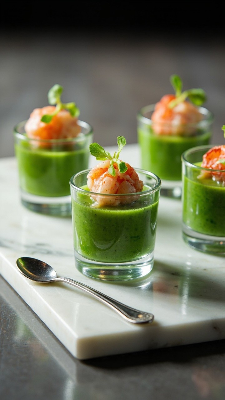 Tiny glass shot glasses filled with vibrant green pea soup, each topped with a pink lobster medallion and a few microgreens, arranged on a marble board with small spoons alongside.