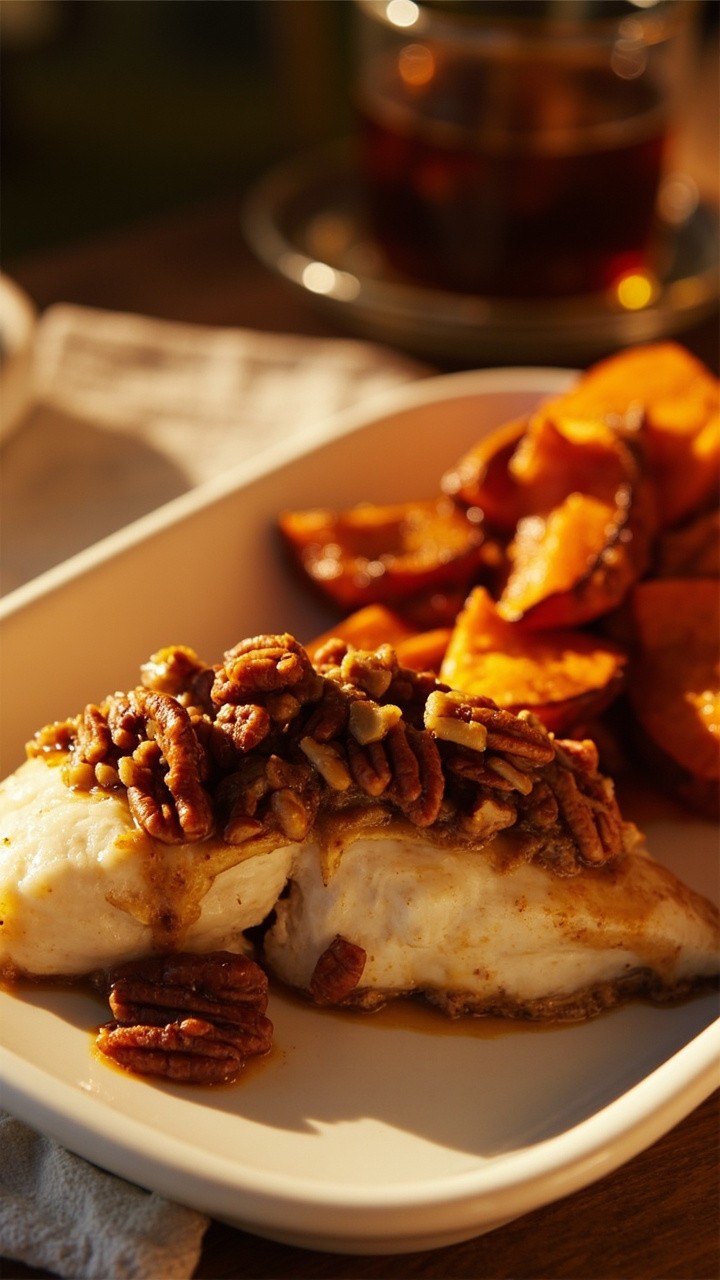 A catfish fillet delicately stuffed with a chunky golden pecan and brown sugar mixture, glistening lightly. Served with roasted sweet potatoes on a white serving platter for a cozy brunch look.