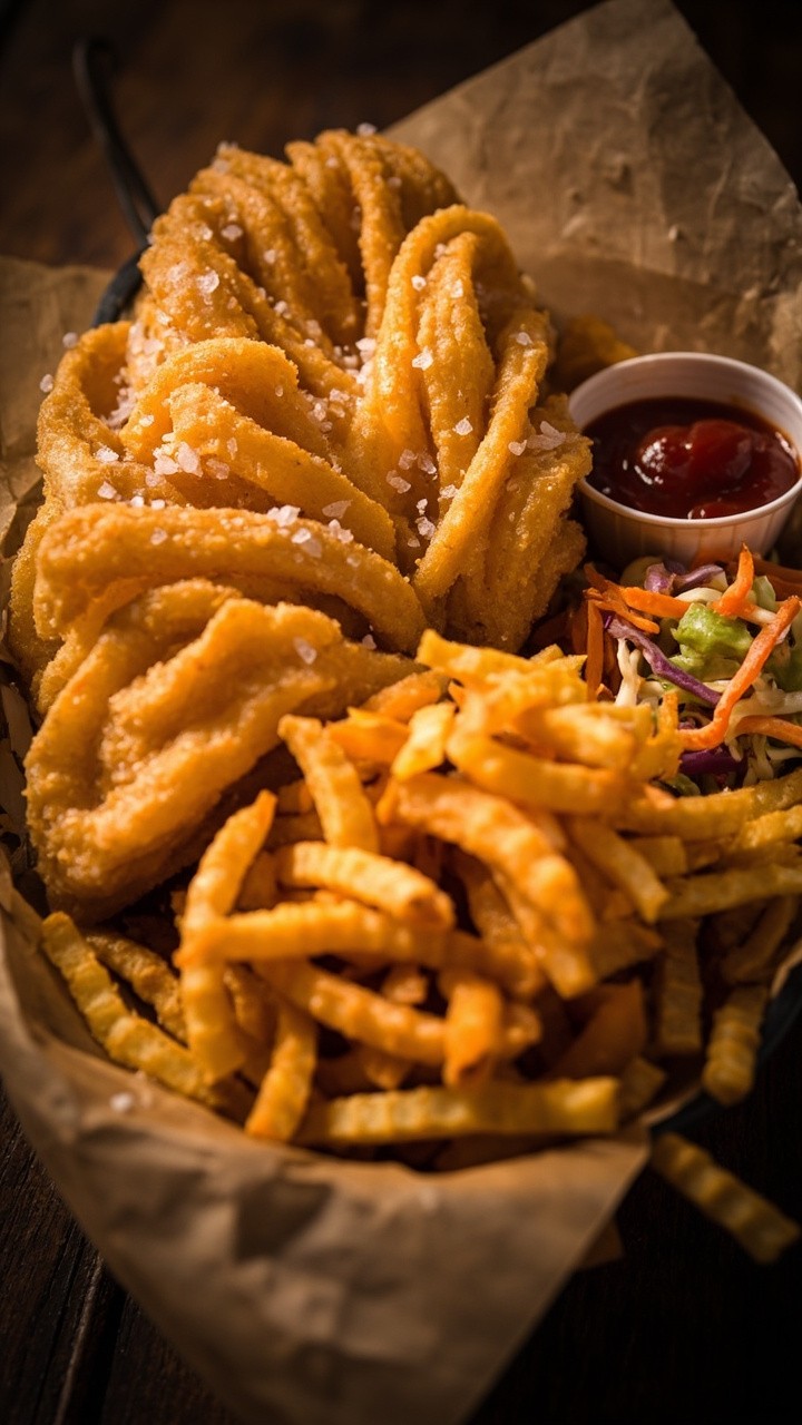 Paper-lined metal basket with thin, curled golden cod fillets arranged in an overlapping fan. There’s a serving of crinkle fries, a side of coleslaw, and a cup of ketchup. The cod is sprinkled with a pinch of sea salt.
