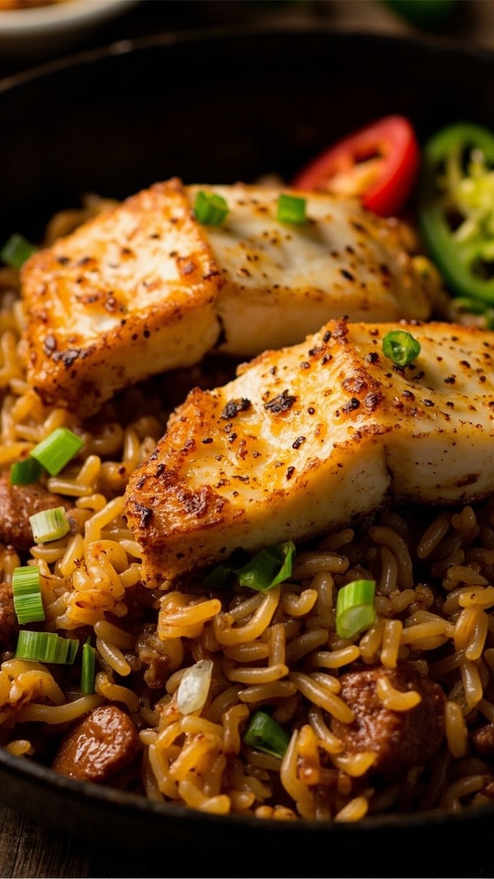 Two catfish fillets draped over a mound of sausage-spiked dirty rice, baked to golden on a cast iron skillet. Garnished with finely chopped scallions and a few slices of fresh jalapeño on the side.