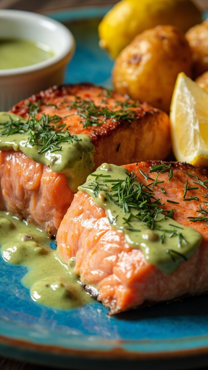 Plump salmon fillets on a blue ceramic plate are drizzled with a pale green dill sauce and sprinkled with extra chopped dill. There’s a small bowl of sauce and a wedge of lemon on the side, with roast potatoes in the background.