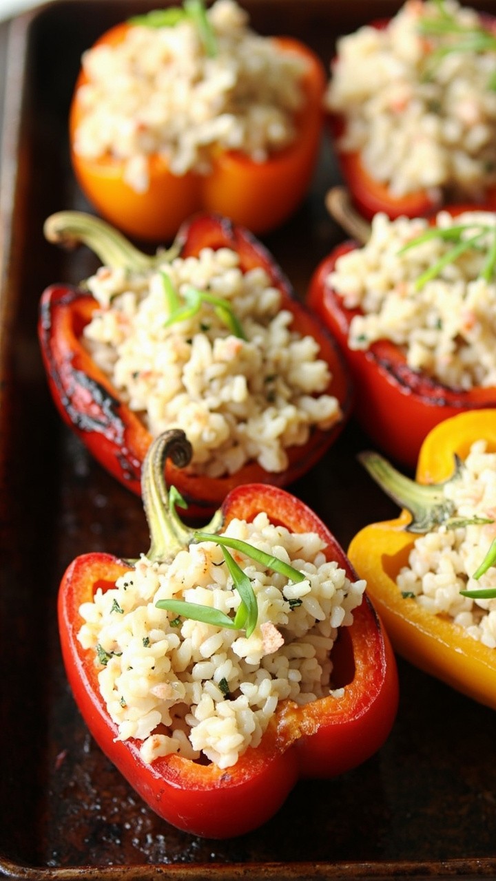 Halved red and yellow bell peppers roasted until tender, each filled with a creamy crab and rice stuffing, arranged on a dark sheet pan and garnished with scallions. Halved red and yellow bell peppers roasted until tender, each filled with a creamy crab and rice stuffing, arranged on a dark sheet pan and garnished with scallions.