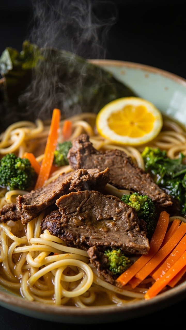 A colorful bowl brimming with thin ramen noodles, seared beef strips, shredded carrots, broccoli florets, and leafy greens, all in clear broth with a lemon wedge on the rim.