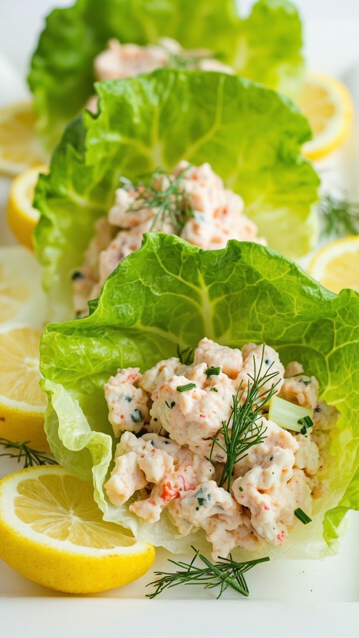 Crisp bibb lettuce leaves filled with a creamy lobster salad, diced celery, and a sprinkling of fresh dill, arranged side-by-side on a chilled white platter, served with lemon wedges.