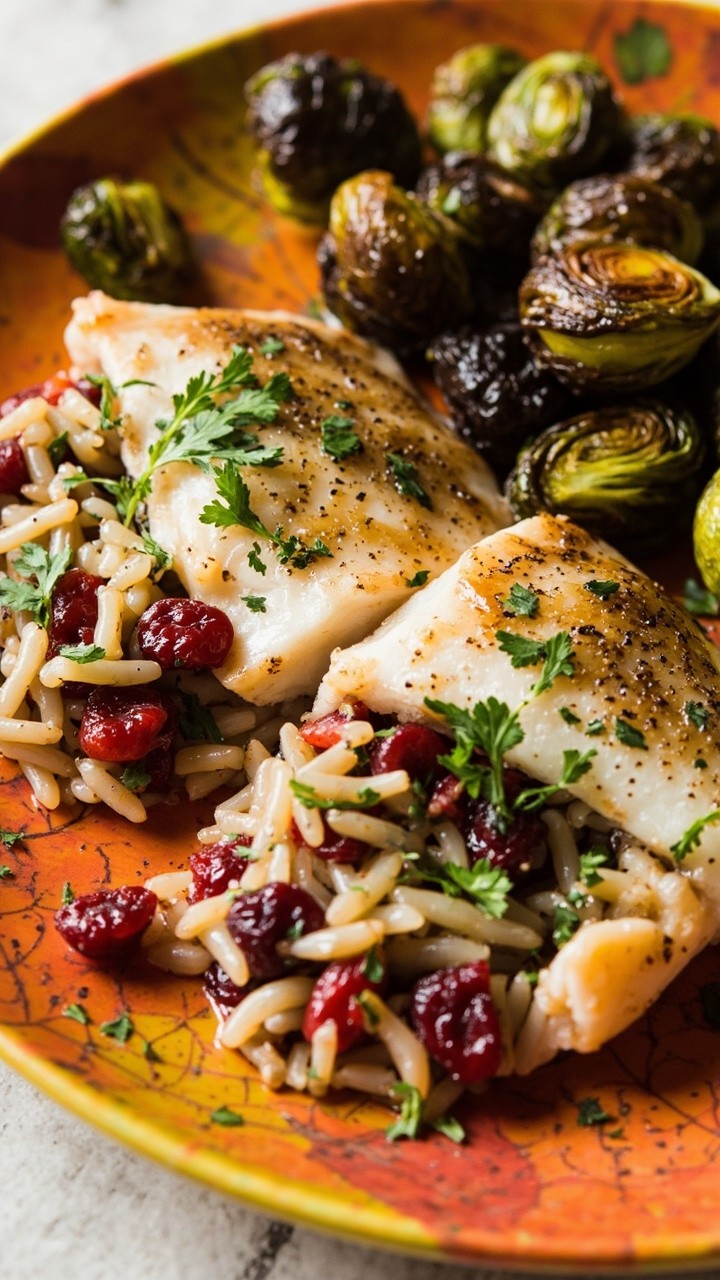 Catfish fillet split and stuffed with a mixture of wild rice and ruby-red cranberries, garnished with chopped parsley, sitting beside roasted Brussels sprouts on a colorful, autumnal dish.