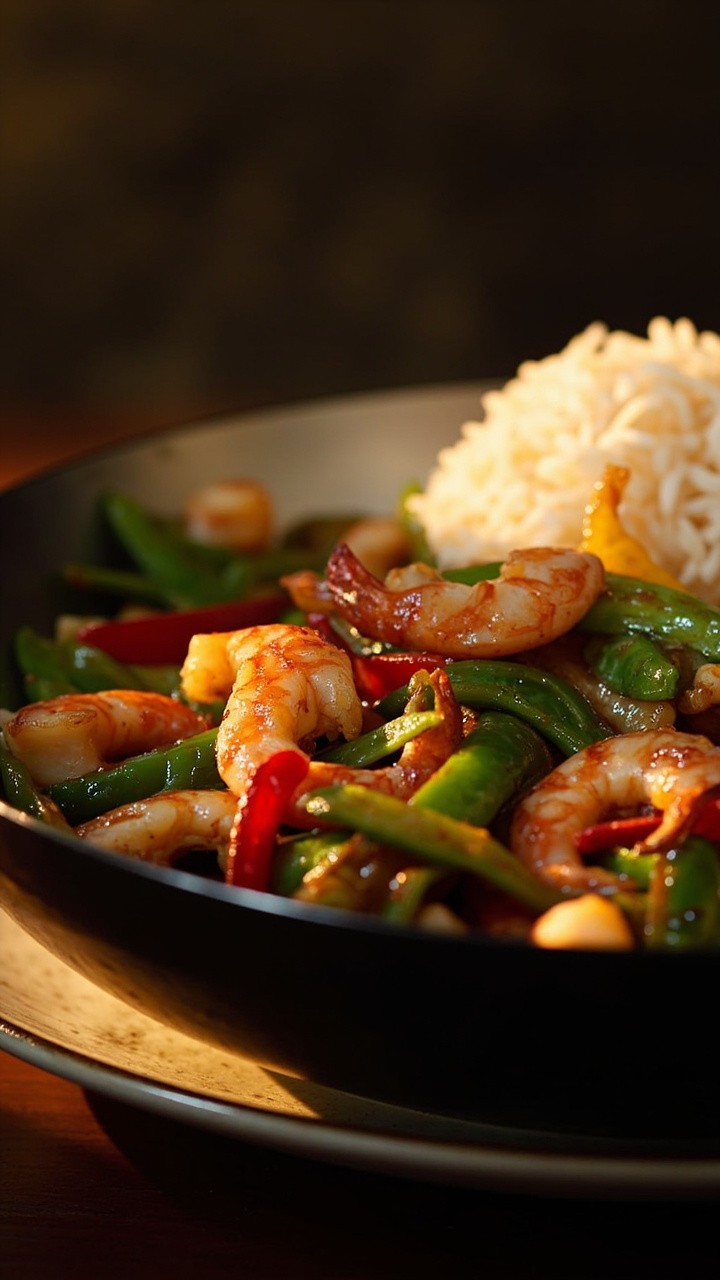 A glossy wok filled with stir-fried shrimp, bright green snap peas, and sliced red bell peppers, all glistening with a light soy glaze. A scoop of steamed white rice sits beside the stir-fry on a wide, shallow plate. A glossy wok filled with stir-fried shrimp, bright green snap peas, and sliced red bell peppers, all glistening with a light soy glaze. A scoop of steamed white rice sits beside the stir-fry on a wide, shallow plate.