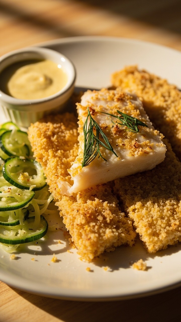 Wide, rectangular cod fillets encrusted in golden panko, sliced in half and arranged on a ceramic plate. There’s a side of thinly sliced cucumber salad, a ramekin of creamy dipping sauce, and a dusting of fresh dill over the fish.
