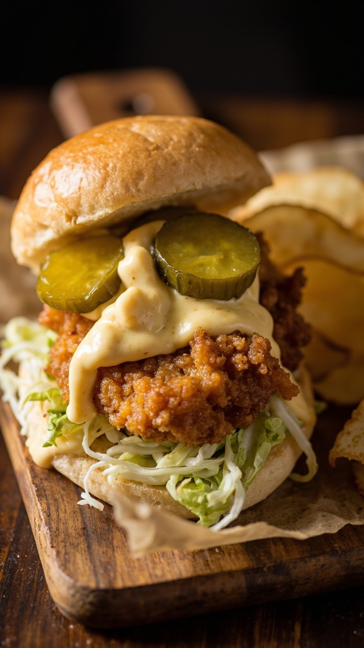 A toasted brioche bun stacked high with crisp cod fillet, shredded lettuce, pickles, and a dollop of creamy tartar sauce oozing over the fish. There are homemade potato chips on the side and everything is served on a wooden board lined with parchment.