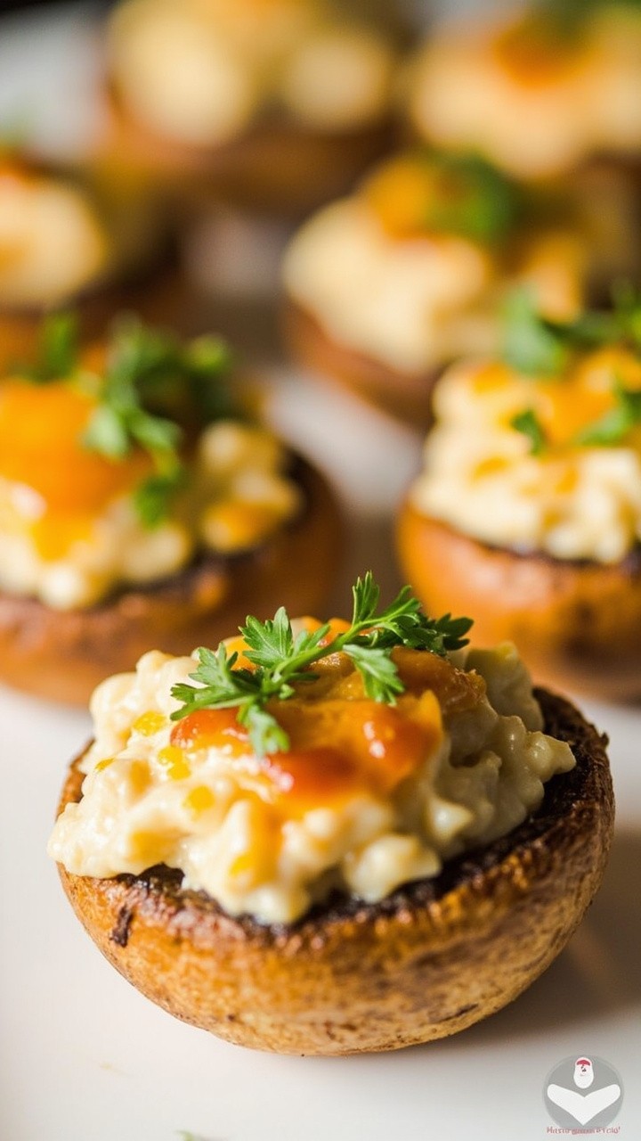 Button mushrooms baked until golden, overflowing with a creamy crab-cheese filling and sprinkled with chopped parsley on a white platter. Button mushrooms baked until golden, overflowing with a creamy crab-cheese filling and sprinkled with chopped parsley on a white platter.