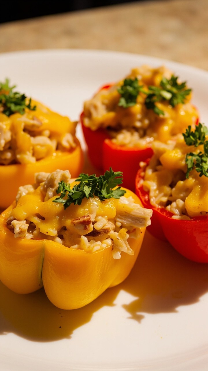 Four red and yellow bell pepper halves, filled with a tuna and rice mixture, baked until tender, then topped with golden melted cheese and fresh chopped parsley. A slice is served on a simple white plate.