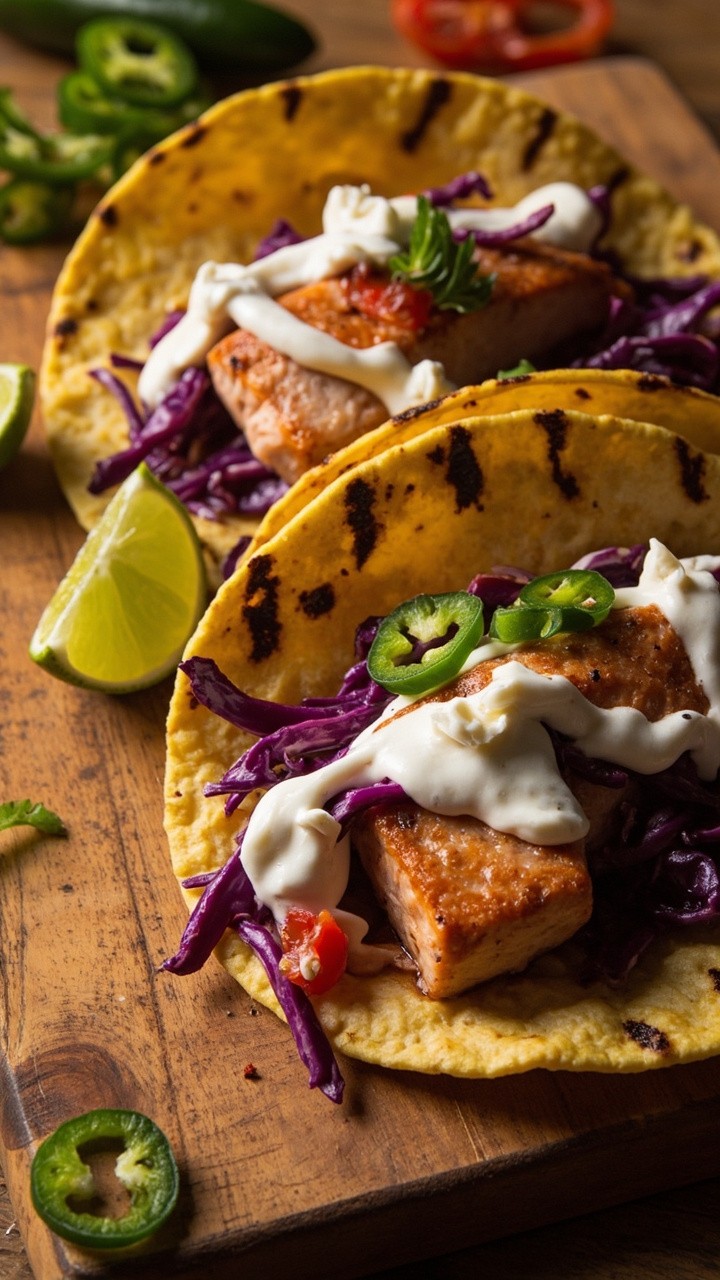 Grilled salmon chunks are tucked into warm corn tortillas, topped with purple cabbage slaw and a drizzle of white crema. The tacos are arranged on a wood cutting board alongside lime wedges and sliced jalapeños.