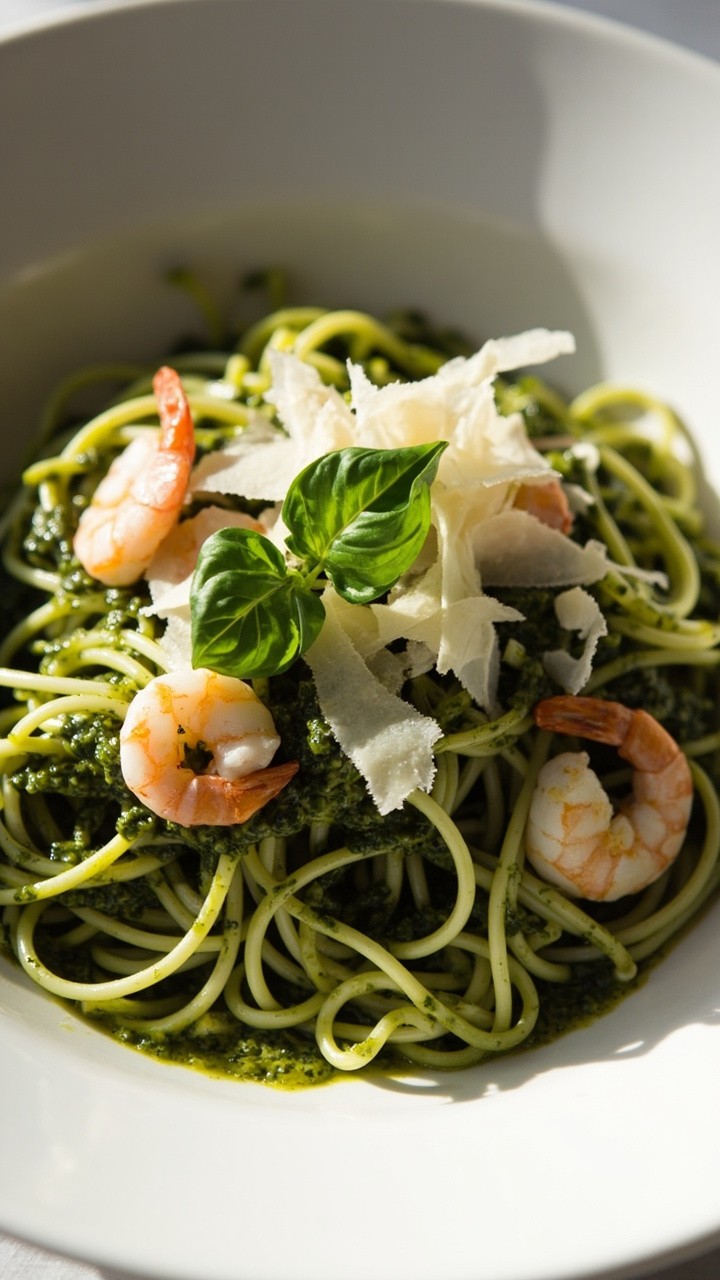 Twisted piles of spiralized zucchini noodles on a white shallow bowl, glistening with bright green pesto. Plump shrimp are scattered across the noodles, garnished with shaved parmesan and a few fresh basil leaves. Twisted piles of spiralized zucchini noodles on a white shallow bowl, glistening with bright green pesto. Plump shrimp are scattered across the noodles, garnished with shaved parmesan and a few fresh basil leaves.