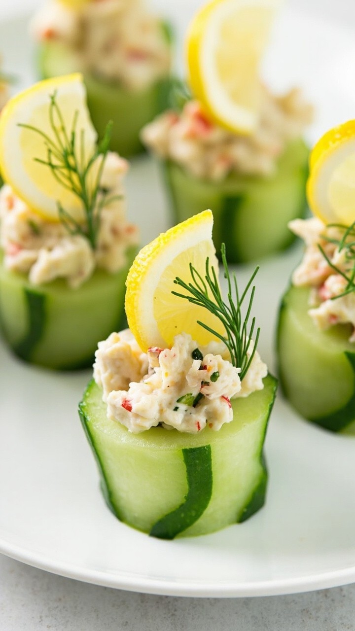 Small cucumber cups filled with crab salad, topped with dill fronds and tiny lemon wedges, arranged neatly on a round white plate. Small cucumber cups filled with crab salad, topped with dill fronds and tiny lemon wedges, arranged neatly on a round white plate.