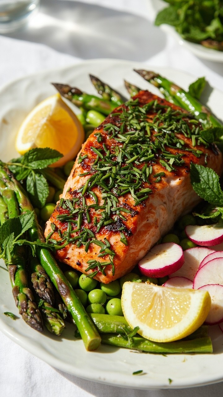 A fillet of grilled salmon covered with a green herb crust sits beside grilled asparagus, whole snap peas, and sliced pink radishes on a ceramic platter. A lemon half and sprigs of mint are tucked at the plate’s edge. The colors are fresh and springy on a white tablecloth.