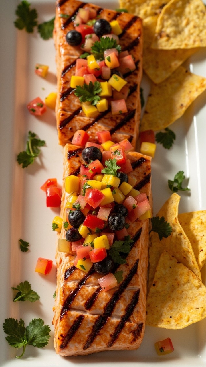 Grilled salmon fillets with charred grill marks are topped with a vibrant corn-tomato-blueberry salsa. The salmon sits on a long white platter, scattered with chopped cilantro, with tortilla chips on the side.