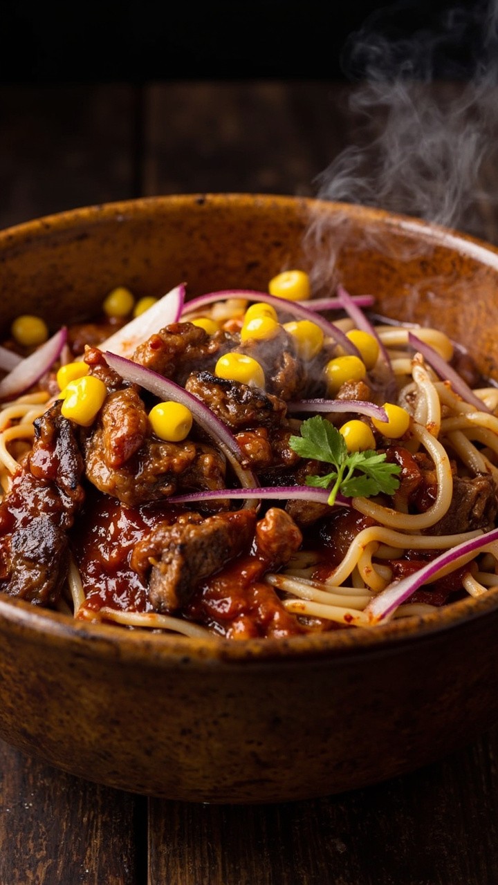 Ramen noodles swirled around chunks of sticky BBQ-glazed beef, scattered with grilled corn kernels and thinly sliced red onions, all in a deep rustic bowl.