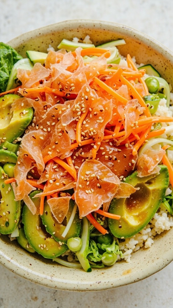 A large shallow bowl filled with cauliflower rice, topped with sliced avocado, shredded carrot, cucumber ribbons, edamame, and flaked smoked salmon, drizzled with soy sauce and sprinkled with sesame seeds.