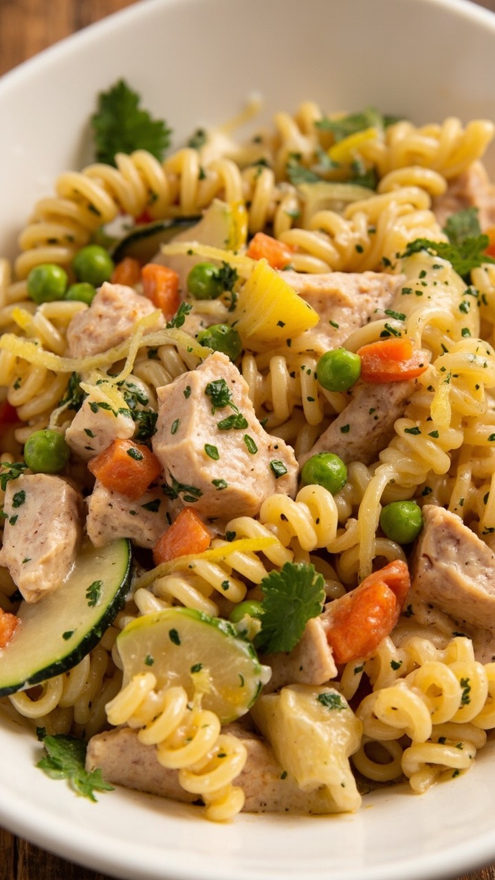 A shallow white serving bowl with colorful rotini pasta, chunks of tuna, peas, diced carrots, zucchini slices, all coated in a light cream sauce and sprinkled with fresh parsley and lemon zest.