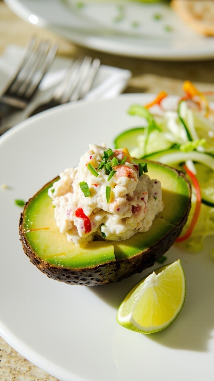 A heaping scoop of crab salad nestled in a halved avocado, plated on a white dish with a sprinkle of chives and a wedge of lime. Baby greens and cucumber slices add color on the side. A heaping scoop of crab salad nestled in a halved avocado, plated on a white dish with a sprinkle of chives and a wedge of lime. Baby greens and cucumber slices add color on the side.