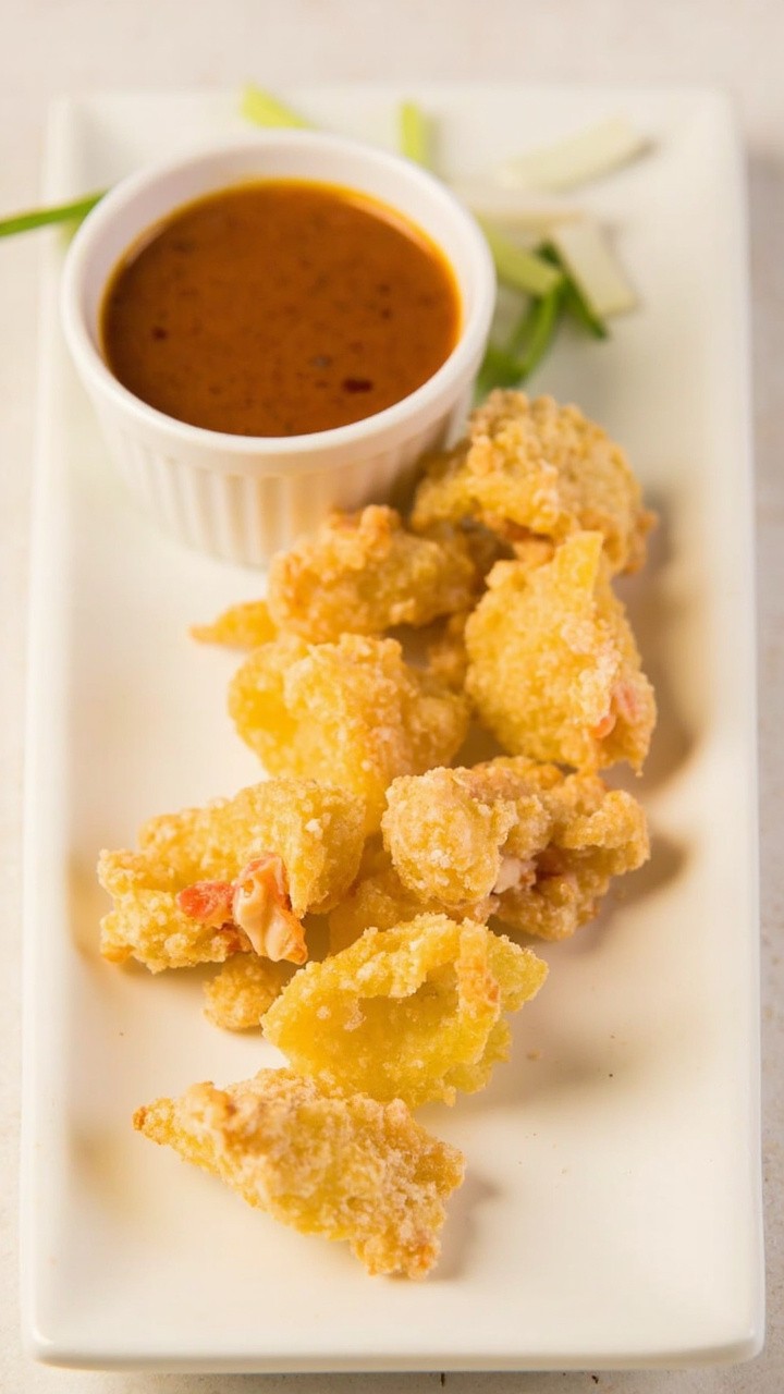 Small golden nuggets of lobster tempura arranged neatly on a white rectangular plate, accompanied by a dipping bowl of soy-ginger sauce and garnished with thinly sliced scallions.