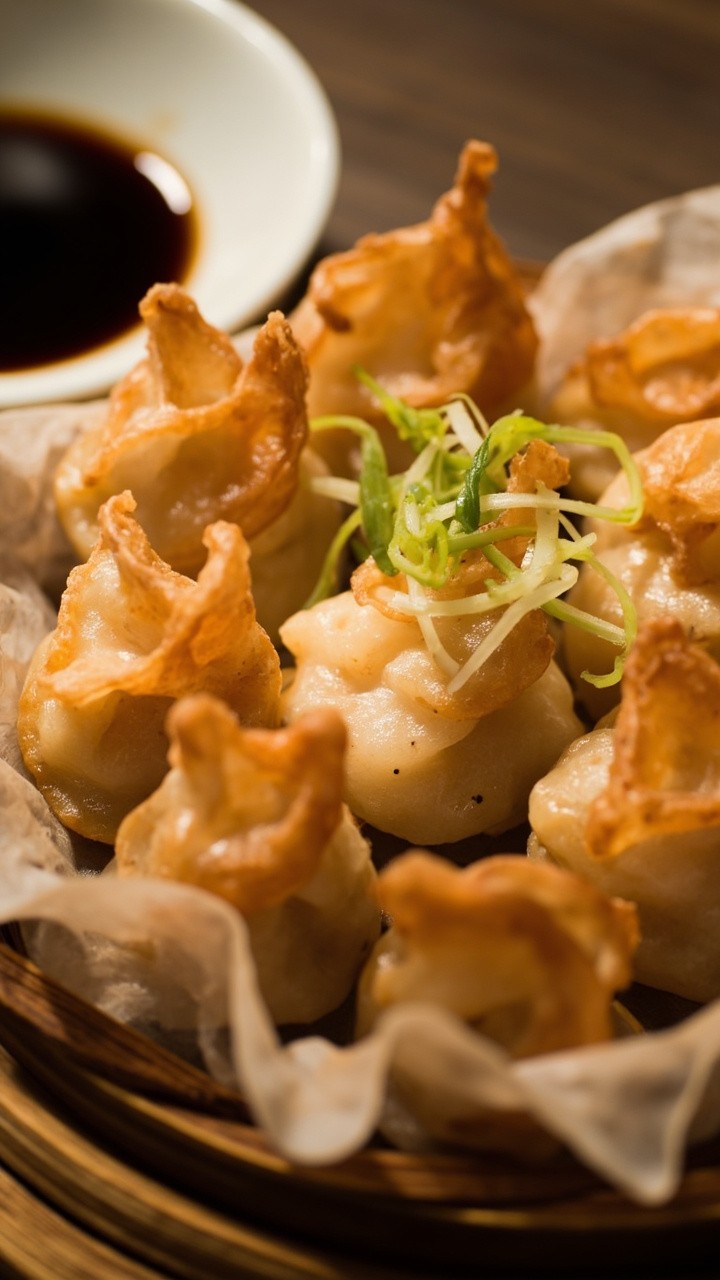 Pale golden fried wontons arranged in a small bamboo steamer basket, split open to reveal succulent lobster, served with a small bowl of soy dipping sauce and a sprinkle of sliced scallions.