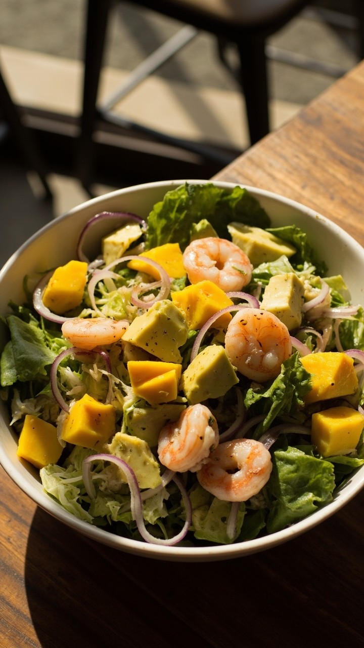 A large, shallow salad bowl with chunks of ripe mango, diced avocado, plump shrimp, mixed baby greens, and a scattering of red onion. Everything is lightly tossed with vinaigrette. A large, shallow salad bowl with chunks of ripe mango, diced avocado, plump shrimp, mixed baby greens, and a scattering of red onion. Everything is lightly tossed with vinaigrette.