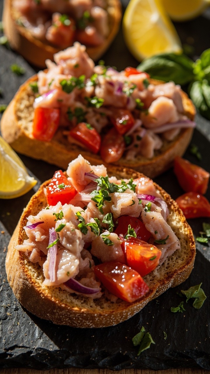 Toasted rustic bread slices with a colorful topping of diced tomatoes, tuna, chopped parsley, and minced red onion, all drizzled with olive oil. The bruschetta is arranged on a slate board with lemon wedges and a sprig of basil.