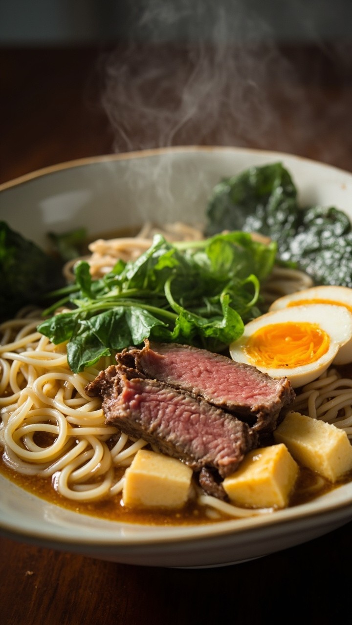 A wide bowl filled with pale, savory miso broth, ramen noodles nestled alongside thin slices of beef, cubes of tofu, half-moons of soft-boiled egg, and fresh spinach.