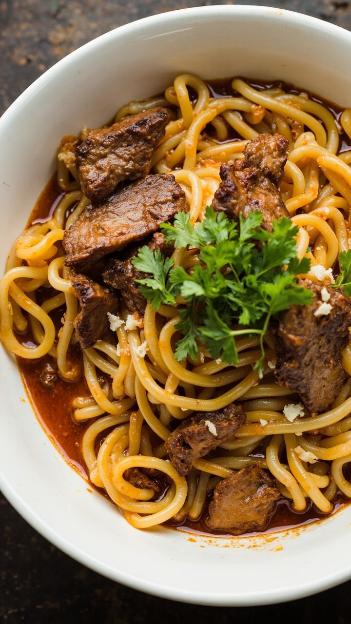 A large white bowl with ramen noodles, tender browned beef, visible flecks of chopped garlic, a sheen of melted butter on the noodles, and fresh parsley sprinkled across.