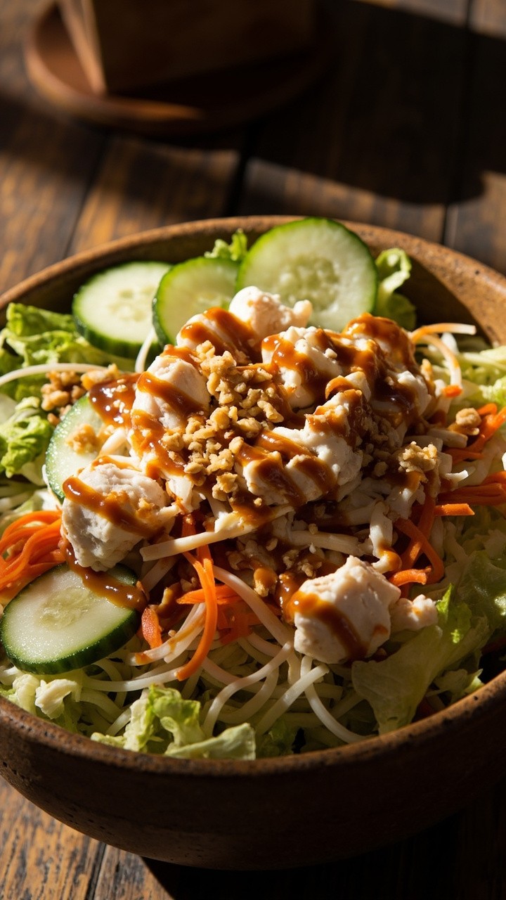 A deep bowl filled with shredded lettuce, julienned carrots, rice noodles, crab meat, and thinly sliced cucumber. A drizzle of hoisin-peanut dressing and a smattering of crushed peanuts on top. A deep bowl filled with shredded lettuce, julienned carrots, rice noodles, crab meat, and thinly sliced cucumber. A drizzle of hoisin-peanut dressing and a smattering of crushed peanuts on top.