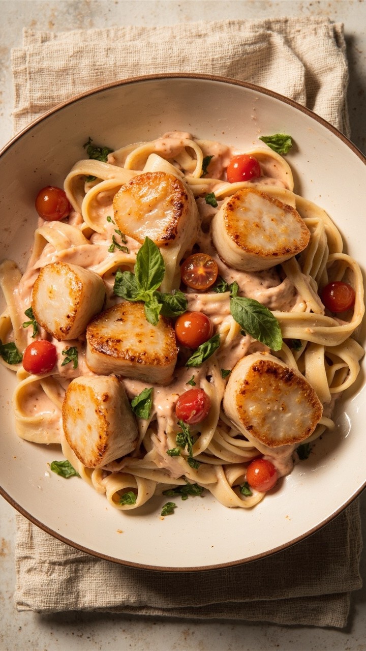 A bowl of fettuccine dressed in a light pink creamy tomato sauce, topped with five lightly golden scallops. Chopped basil and a few halved cherry tomatoes finish the dish, all laid over a neutral linen napkin.