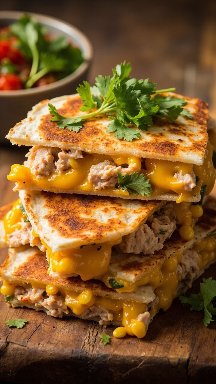 Wedges of golden, crispy quesadilla oozing cheddar and bits of tuna and corn, stacked on a wooden board. A small bowl of salsa sits nearby, and a handful of fresh cilantro is scattered over the top.