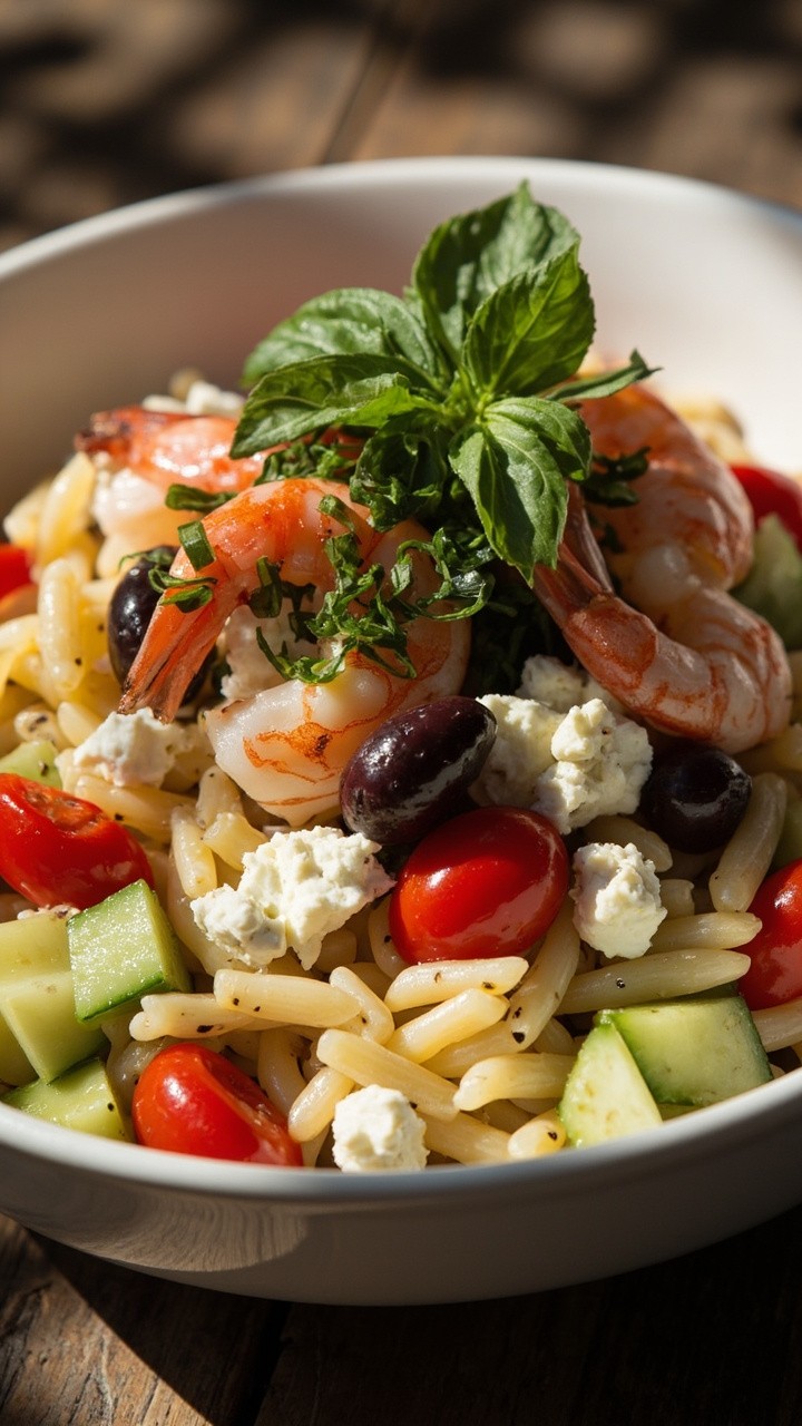 A shallow bowl filled with orzo pasta, scattered with pink shrimp, halved cherry tomatoes, diced cucumber, crumbled feta, kalamata olives, and chopped fresh basil. Everything is lightly dressed and glistening. A shallow bowl filled with orzo pasta, scattered with pink shrimp, halved cherry tomatoes, diced cucumber, crumbled feta, kalamata olives, and chopped fresh basil. Everything is lightly dressed and glistening.