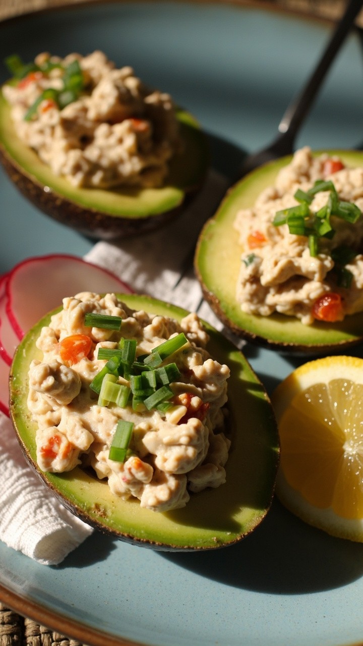 Halved avocados on a small blue ceramic plate, each filled with a scoop of tuna salad and garnished with chopped chives. A few radish slices and a lemon wedge rest nearby, the plate set on a textured napkin.