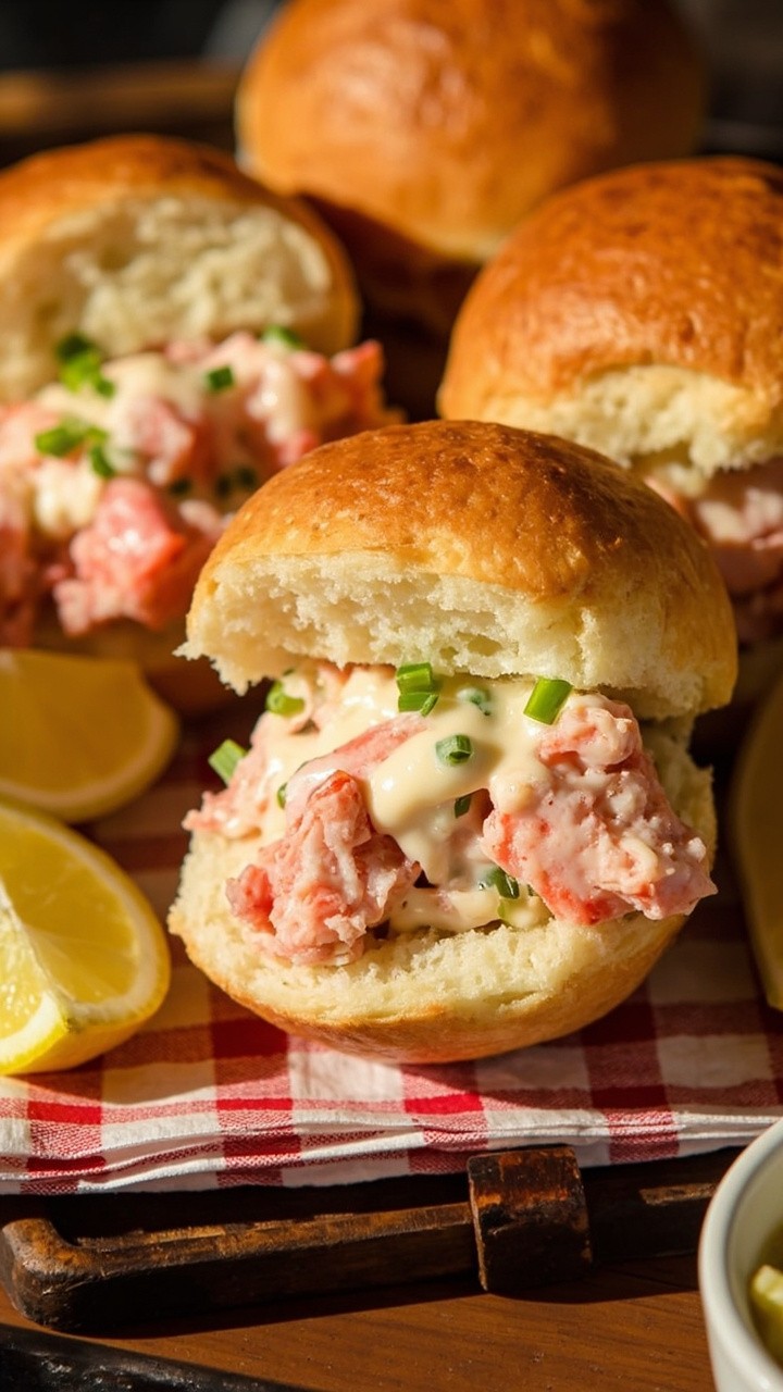 Mini brioche buns sliced open, brimming with pink chunks of lobster meat in a creamy mayo dressing, scattered with chives on a small wooden tray, lemon wedges tucked around, and the rolls nestled on a plaid napkin.