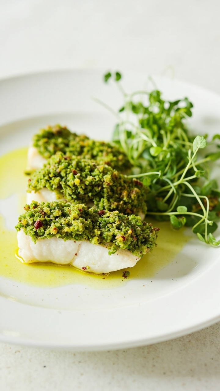 Fish fillets topped with a thick, emerald-green pistachio crumb layer. Served on a white plate with a light drizzle of lemon juice and a small tangle of microgreens.