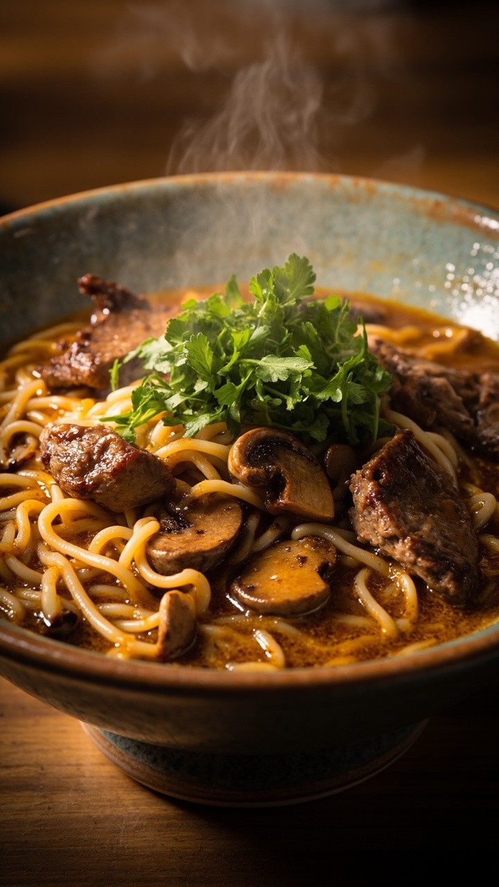 A wide ceramic bowl featuring a tangle of ramen noodles, glossy strips of beef, sautéed sliced mushrooms, and a scatter of chopped parsley. The broth is rich and dark, with visible flecks of herbs on the surface.