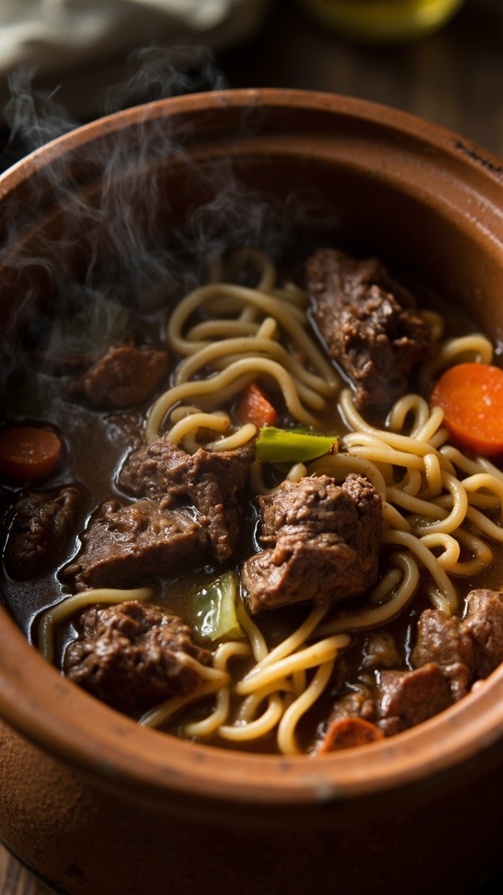A rustic crockpot full of hearty beef stew, thick chunks of beef, ramen noodles mingling in a rich brown broth, carrots and celery pieces, all ladled into homestyle ceramic bowls.