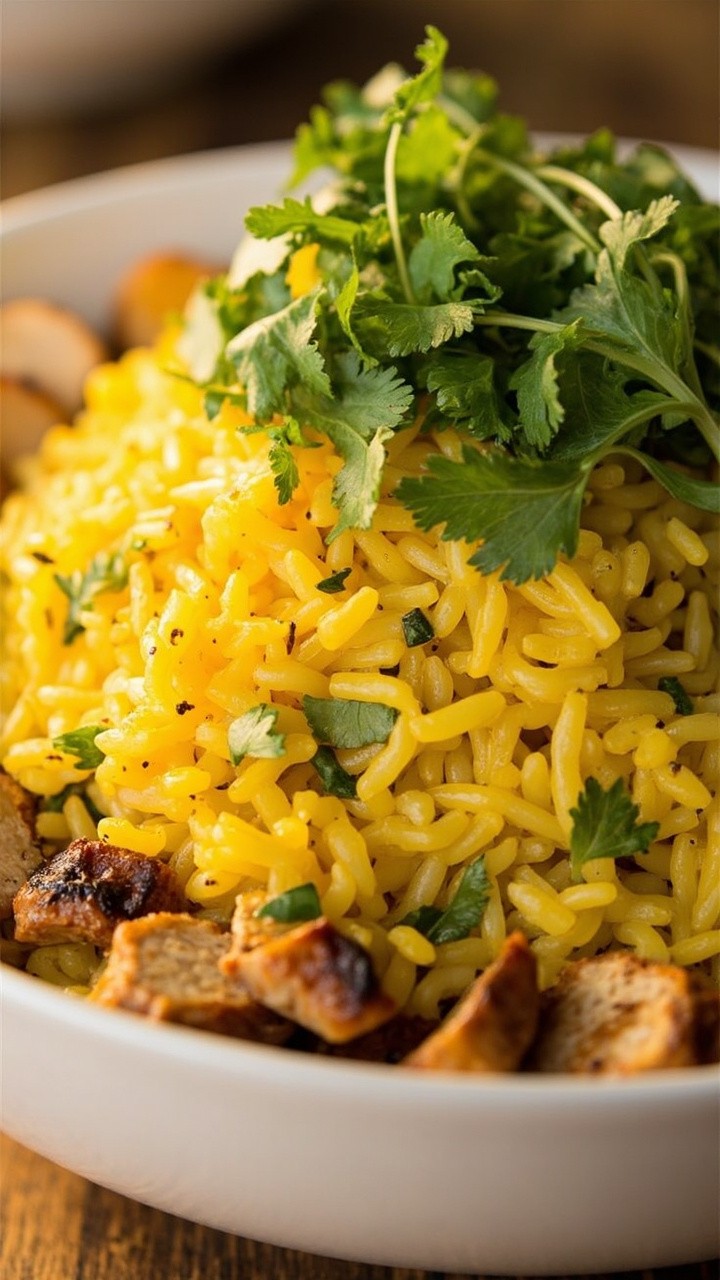 A bowl of bright golden cauliflower rice, speckled with bits of ginger and green cilantro. Served on a white plate with grilled chicken slices and a handful of baby greens.