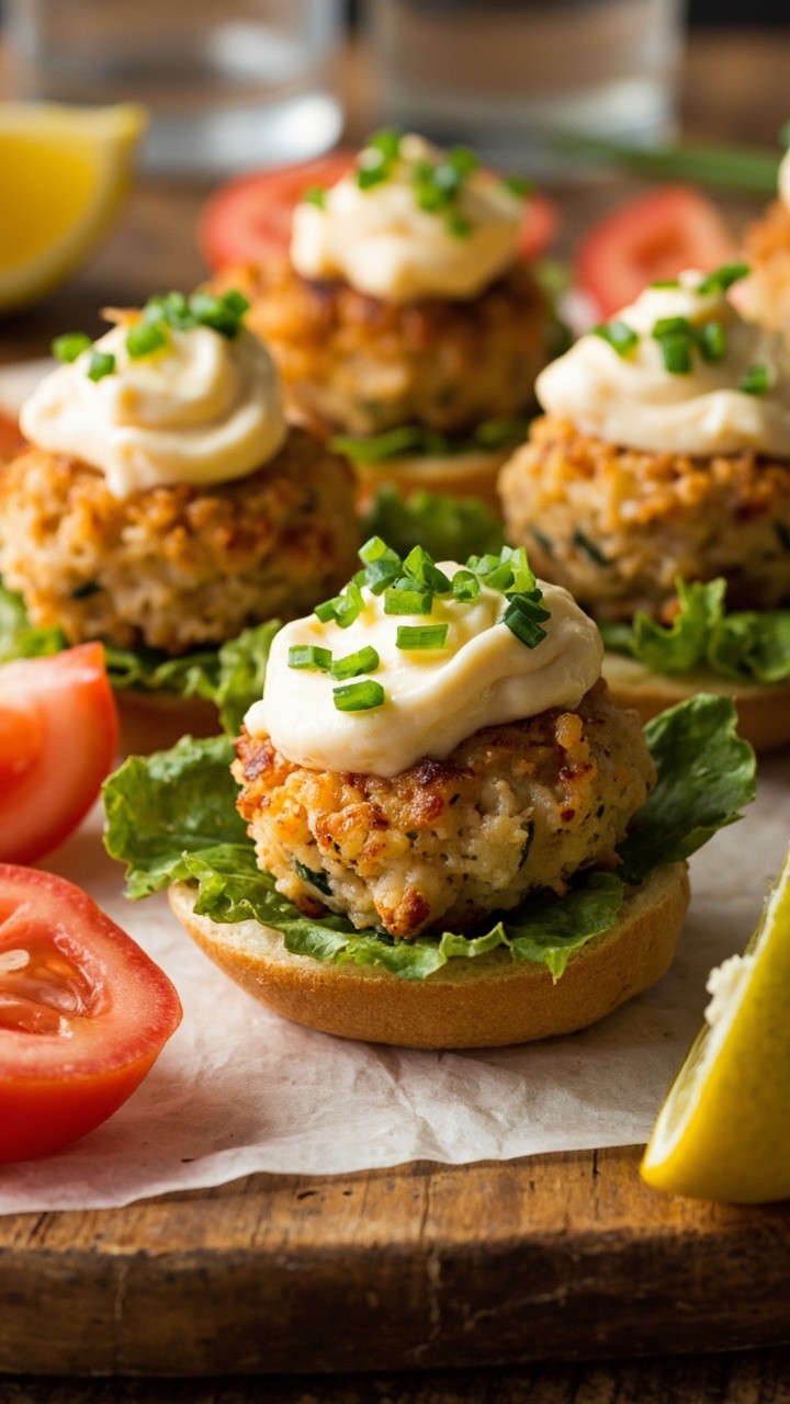 Three golden-brown mini crab cakes nestled in soft slider buns, each topped with crisp lettuce, a dollop of creamy remoulade, and a sprinkling of fresh chives on a rustic wooden board. Thin slices of tomato peek out and a few lemon wedges sit nearby. Three golden-brown mini crab cakes nestled in soft slider buns, each topped with crisp lettuce, a dollop of creamy remoulade, and a sprinkling of fresh chives on a rustic wooden board. Thin slices of tomato peek out and a few lemon wedges sit nearby.