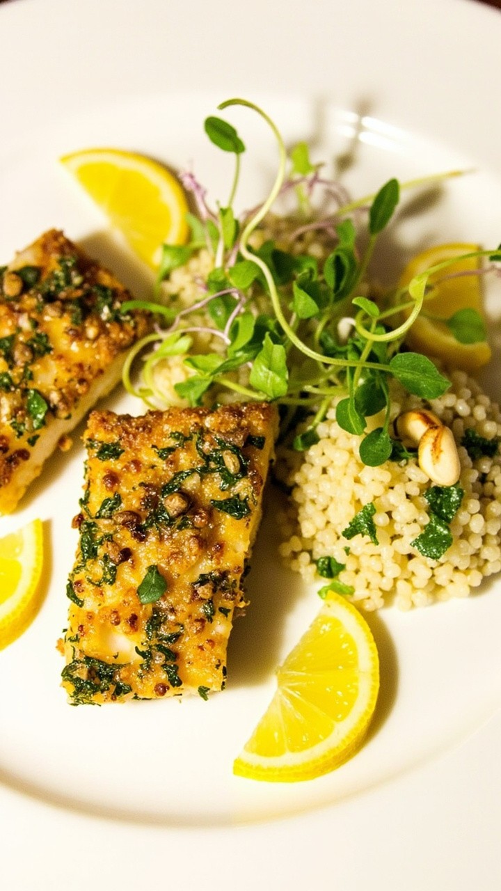 Oval cod fillets with a flecked herb crust, arranged alongside a small mound of herbed couscous and a cheerful spray of microgreens. Lemon slices and parsley sprigs add extra color.