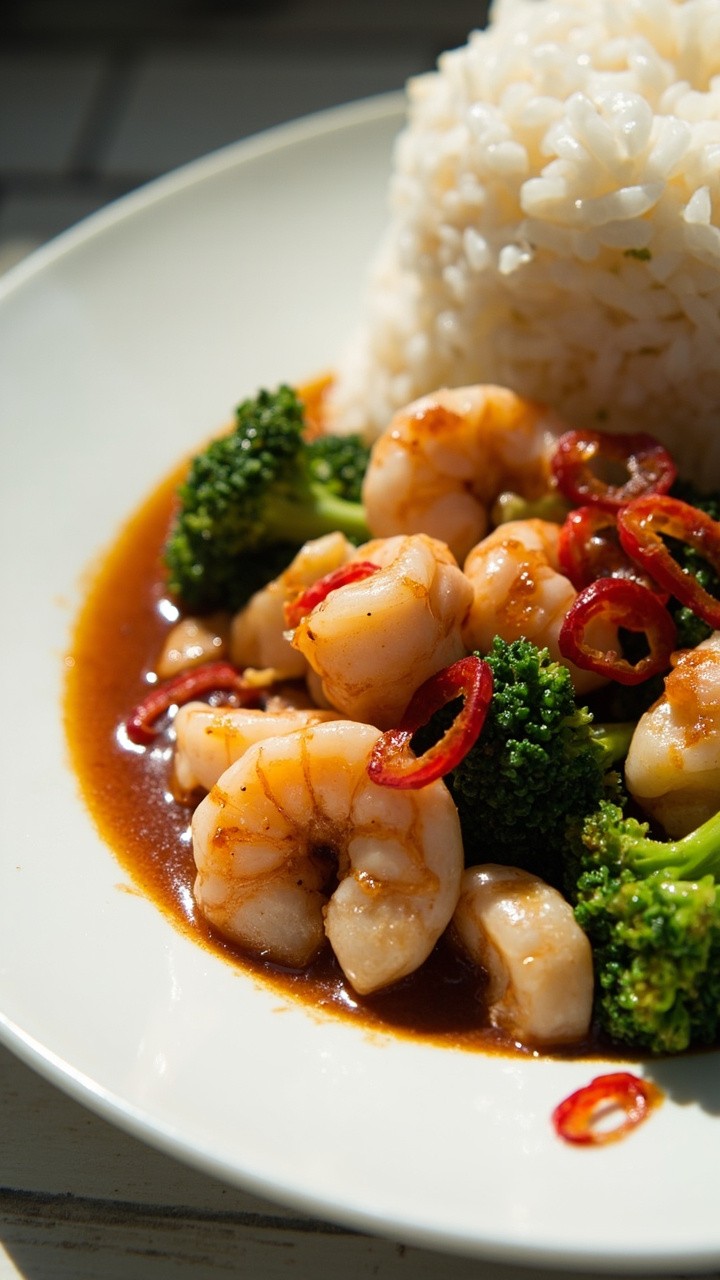 A large white dinner plate with shrimp and broccoli in a glossy, light soy sauce. Red chili slices are scattered on top, and a mound of steamed white rice sits alongside. A large white dinner plate with shrimp and broccoli in a glossy, light soy sauce. Red chili slices are scattered on top, and a mound of steamed white rice sits alongside.