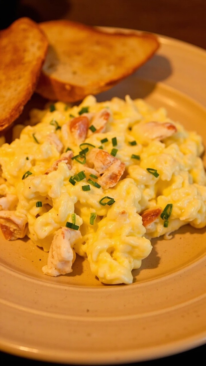A fluffy scrambled egg mixture dotted with chunks of crab and chopped chives on a warm ceramic plate, with slices of toasted sourdough alongside. A fluffy scrambled egg mixture dotted with chunks of crab and chopped chives on a warm ceramic plate, with slices of toasted sourdough alongside.