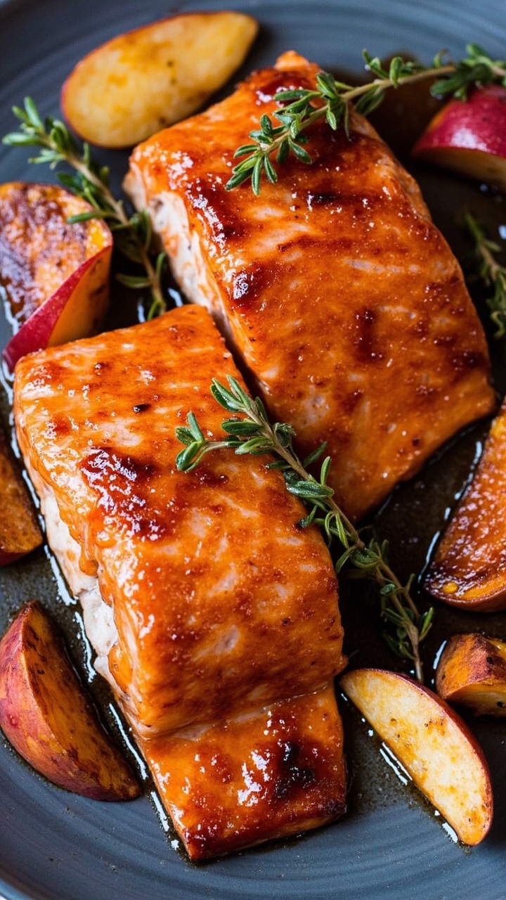 Salmon fillets with a deep amber apple cider glaze, caramelized at the edges, rest on a slate-blue plate. Slices of red apple, roasted sweet potato wedges, and thyme sprigs are arranged alongside.
