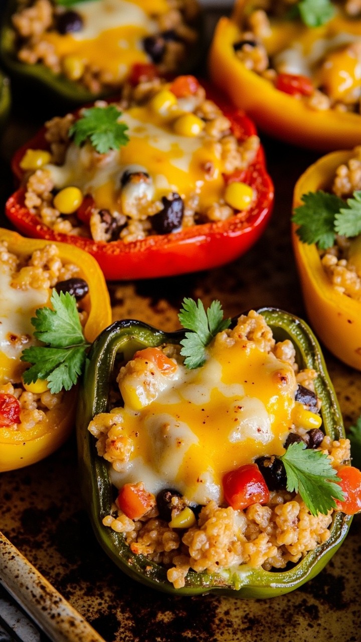 Bell peppers halved and filled with colorful cauliflower rice, black beans, corn, and diced tomatoes. Melted cheese on top, served on a baking pan with fresh cilantro.