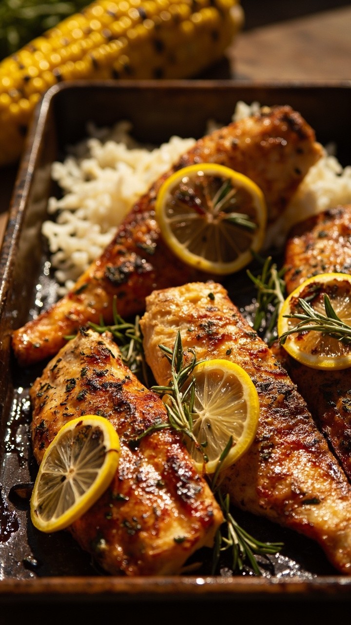 Fish fillets with a deep reddish-brown crust on a rustic baking tray. The surface is flecked with fresh herbs and lemon slices. Served with a scoop of rice and a side of grilled corn.